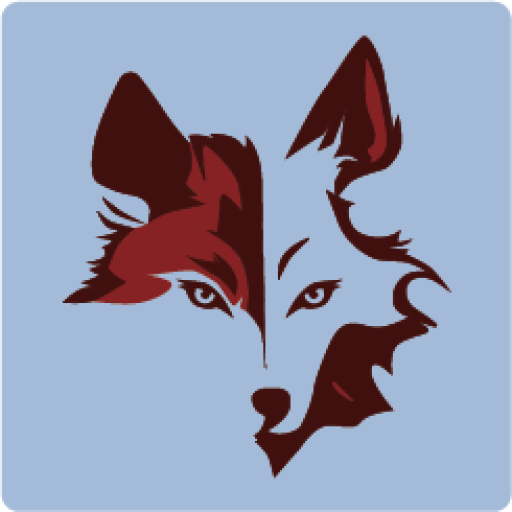 A stylized logo depicting a split image of a fox's face, with one side in dark red and the other in light red, set against a light blue background.